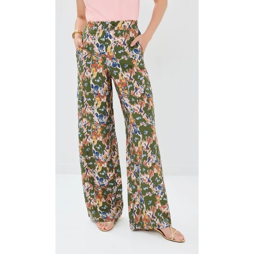 Tanya Taylor Palmer Linen Wide Leg Pants Pesto Multi Floral Cargo Trousers 4